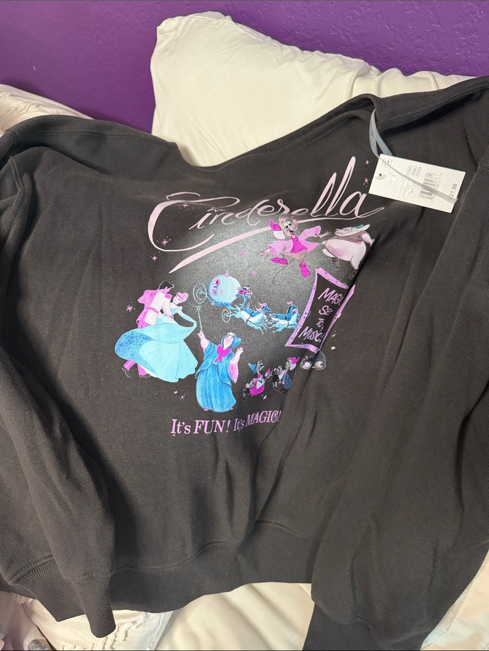 Disney Off-the-Shoulder Cinderella Graphic Sweatshirt - Black with Pink & Blue